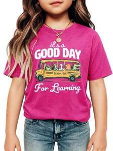 Kids short sleeve t-shirt featuring fun school bus graphic and positive lettering design.