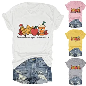 Casual women's round neck short sleeve t-shirt with cute teaching season graphic print design.