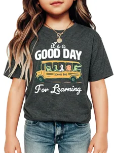 Cute kids short sleeve t-shirt detail featuring fun school bus animal graphic print and soft fabric.