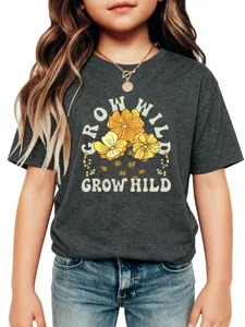 Close-up shot of the graphic tee featuring floral print and yellow flower details on chest.