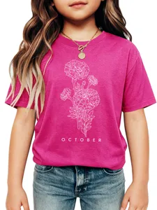 Children's cute pink short sleeve t-shirt with floral graphic and october print for girls.