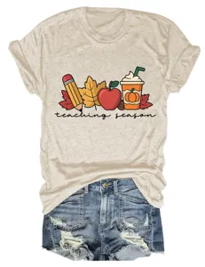 Women Casual Round Neck Short Sleeve T-Shirt Autumn Teaching Season Graphic Tee Tops