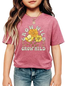 Kids graphic short sleeve t-shirt, casual round neck dusty pink top with cute floral print.