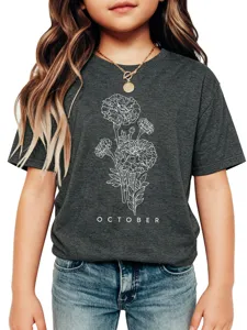 Close-up of children's dark gray t-shirt featuring white floral print and October lettering.