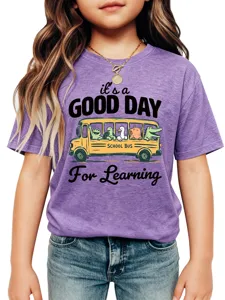 Cute kids short sleeve t-shirt with funny school bus graphic print for daily wear.