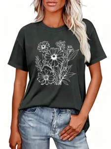 Vista dettagliata della t-shirt da donna grigia scura con stampa floreale bianca.