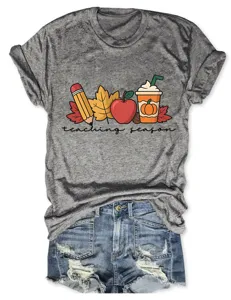 Women grey short sleeve t-shirt casual top with teaching season autumn graphic print.