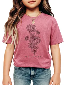 Kids short sleeve t-shirt featuring a chic floral line art design and October print for girls.