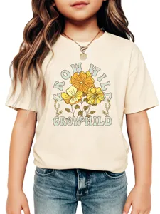 Detail view of a casual kids short sleeve t-shirt featuring a cute floral graphic print.