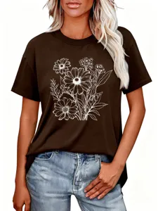 Maglietta estiva da donna a maniche corte con stampa bouquet, dettaglio top girocollo casual.