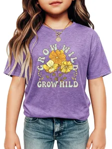 Kids purple short sleeve t-shirt with floral graphic and letter print, comfortable casual wear.