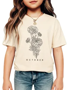 Kids casual crew neck short sleeve T-shirt with cute October flower graphic print design.