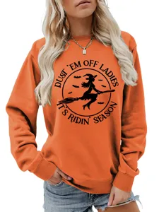 Orangener modischer lässiger Damen Sweatshirt mit lustigem Hexenprint für Herbst und Winter.