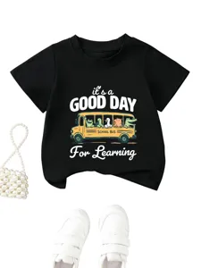 Cute kids short sleeve t-shirt with fun school bus and animal graphic print for children.