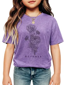Kids purple graphic tee with floral line art and October print for casual daily wear.