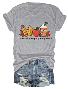 Casual women's round neck short sleeve T-shirt with teacher graphic detail view.
