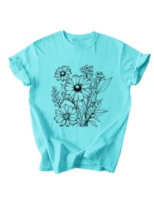 Maglietta donna ciano a maniche corte con grafica floreale nera top estivo scollo tondo