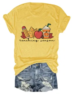 Women's casual round neck short sleeve T-shirt with cute teaching season print and denim shorts.