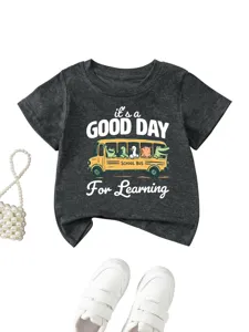 Children grey short sleeve t-shirt with cute school bus animal graphic casual top.