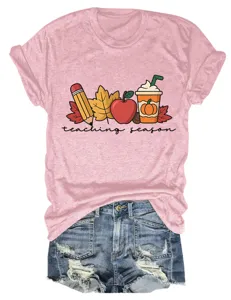 Women casual crewneck short sleeve t-shirt with cute teaching season autumn graphic print.