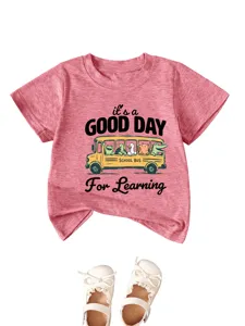 Cute kids short sleeve t-shirt with school bus print, soft cotton casual top for boys and girls.