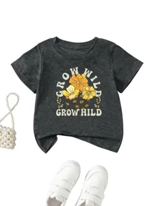 Toddler baby grey short sleeve t-shirt with retro floral graphic and cute letter print.
