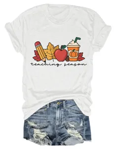 Close-up of casual white short sleeve t-shirt with cute teaching season graphic print.