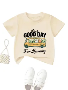 Kids cute school bus graphic short sleeve t-shirt, casual round neck cotton tee apparel.