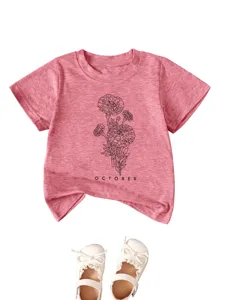 Comfortable pink toddler t-shirt with cute floral graphic and october letter print top.