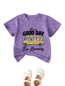 Detailed view of purple heather children short sleeve t-shirt with cute school bus animal graphic print.