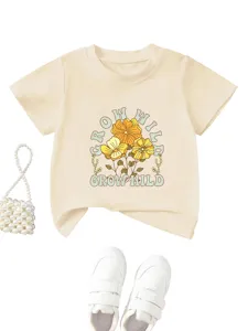 Kids casual round neck short sleeve t-shirt with retro floral graphic and text print.