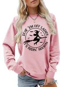 Rosa Damen Langarm Rundhals Sweatshirt mit lustigem Halloween Hexen Print Design.