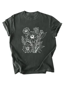 Maglietta donna grigio scuro slavato vintage con elegante stampa floreale botanica bianca.