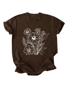 T-shirt casual da donna marrone a maniche corte con elegante stampa grafica floreale bianca.