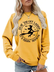 Damen Herbst Winter Rundhals Sweatshirt Lustig Halloween Hexe Grafik Gelb Langarm Pullover