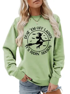 Damen süßer Halloween Hexe Grafik Rundhals Sweatshirt lässiger Langarm Pullover Top