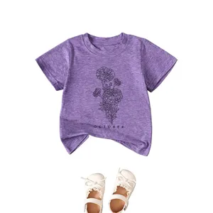 Infant purple heather short sleeve t-shirt with floral line art and october text print.