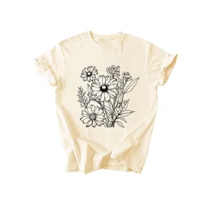 T-shirt casual beige da donna a maniche corte con stampa di bouquet di fiori minimalista.