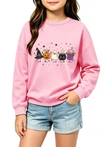 Süßes Halloween Kinder Sweatshirt, rosa Langarm Pullover mit lustigem Geist und Kürbis Print.