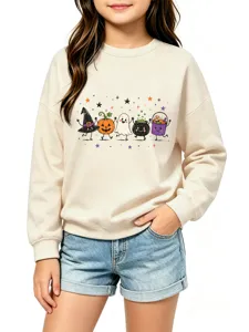 Kinder süßes Halloween Grafik Sweatshirt Detail, Langarm Pullover mit gruseligen Motiven.