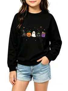 Süßes Halloween Kinder Sweatshirt mit Geist und Kürbis Print, gemütliches schwarzes Oberteil.