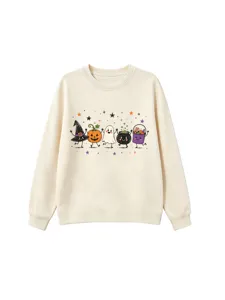 Niedliches Halloween Cartoon Grafik Sweatshirt in Beige mit langen Ärmeln und Rundhals.