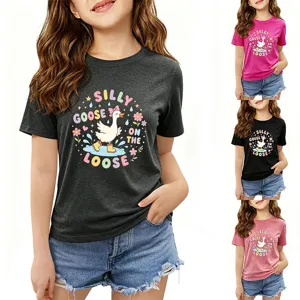 Kids casual round neck short sleeve t-shirt with cute silly goose print, comfortable wear.