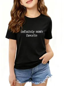 Children black short sleeve t-shirt with letter print, casual summer top for girls.