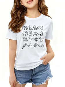 Süßes weißes Kurzarm-T-Shirt mit Tieren wie Zebra und Löwe für lässigen Alltagslook.