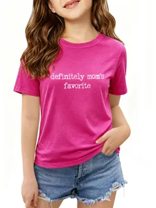 Casual pink short sleeve t-shirt for kids with funny letter print, comfortable everyday summer wear.
