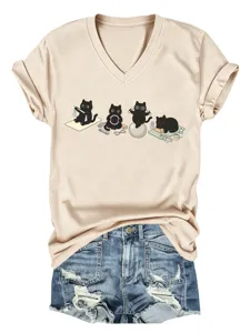 Femmes mignonnes chats noirs yoga imprimé col V manches courtes t-shirt short en denim.