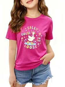 Close-up detail of the pink short-sleeve kids t-shirt featuring a cute cartoon goose graphic.