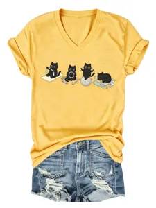 Femme mignon yoga chats noirs imprimer col V manches courtes t-shirt jaune haut