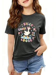 Casual funny cartoon goose print short-sleeve t-shirt detail view, soft cotton fabric.